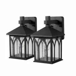 Project Source Outdoor Wall Lantern - 11.7-in - Black Metal and Hammered Glass - Set of 2